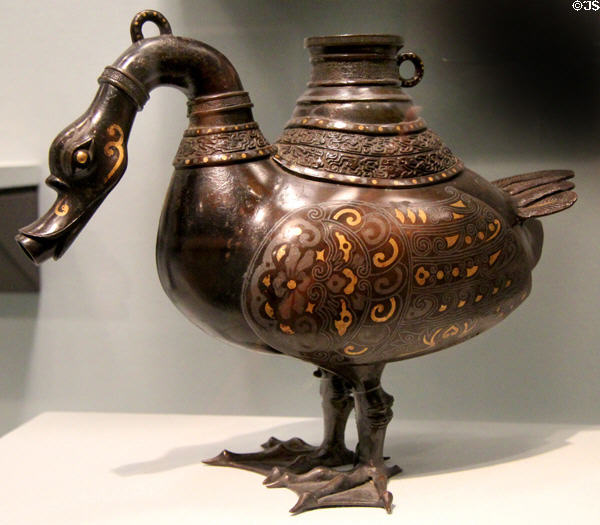 Bronze inlaid vessel in form of duck (960-1279) from China at Asian Art Museum. San Francisco, CA.