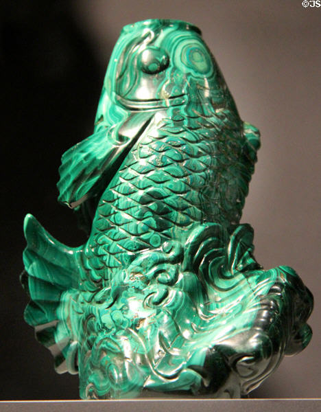 Carved Malachite jade in shape of carp (1644-1911) from China at Asian Art Museum. San Francisco, CA.