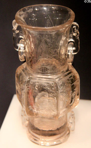 Carved rock crystal beaker with ring handles (1644-1900) from China at Asian Art Museum. San Francisco, CA.