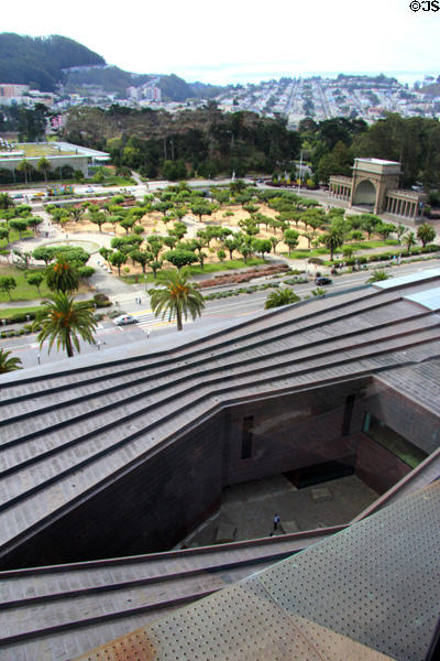 View of sculpted roof of de Young Museum & Golden Gate Park from observation tower. San Francisco, CA.