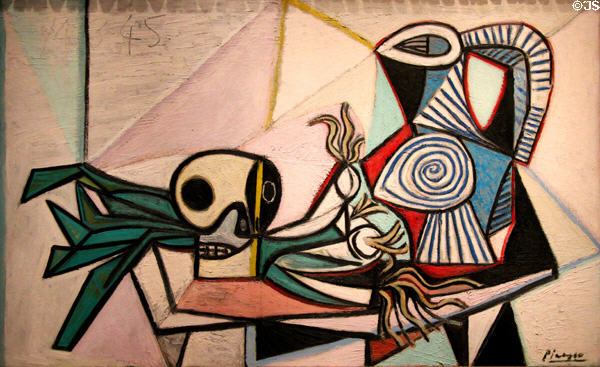 Still Life with Skull, Leeks, & Pitcher painting (1945) by Pablo Picasso at de Young Museum. San Francisco, CA.