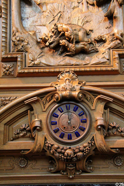 Detail of Thurlow Lodge mantelpiece clock & carvings (c1872-3) by Herter Brothers of New York at de Young Museum. San Francisco, CA.