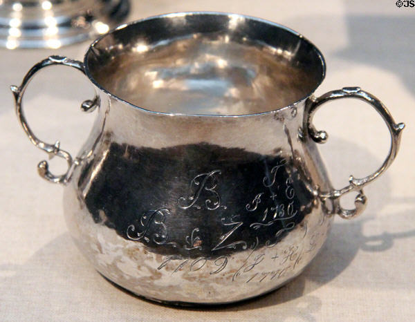 Silver caudle cup (c1672) by Jeremiah Dummer of Boston at de Young Museum. San Francisco, CA.