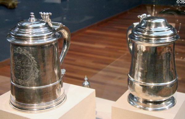 Two silver tankards (1726 & c1760-70) by Paul Revere I & II respectively at de Young Museum. San Francisco, CA.