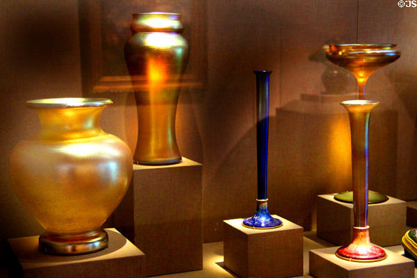 Collection of glass vases by Louis Comfort Tiffany at de Young Museum. San Francisco, CA.