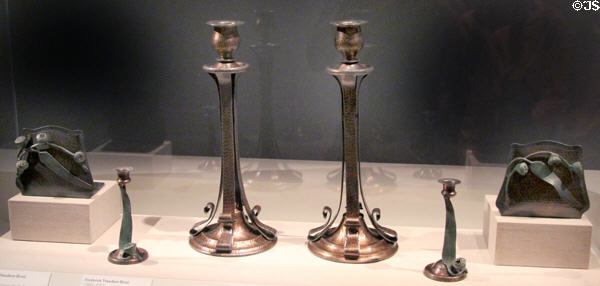 Old Mission Kopper Kraft candlesticks & bookends (c1924) by Frederick Theodore Brosi of San Francisco, CA at de Young Museum. San Francisco, CA.