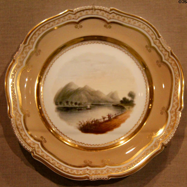 Plate with scene of Connecticut River (c1820-30) by Coalport Porcelain Factory, Shropshire, England, at de Young Museum. San Francisco, CA.