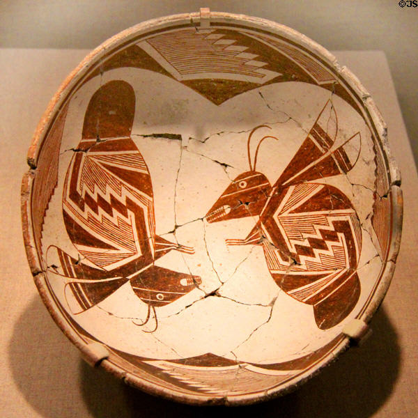 Mimbres native pottery bowl (c1010-1130) with opposing insects from southern New Mexico at de Young Museum. San Francisco, CA.