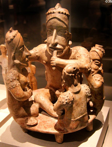 Jalisco earthenware ritual group on platform (100 BCE-300 CE) from West Mexico at de Young Museum. San Francisco, CA.