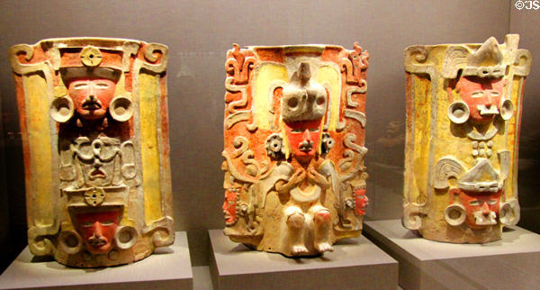 Three Maya censers (259-550) from Mexico or Guatemala at de Young Museum. San Francisco, CA.