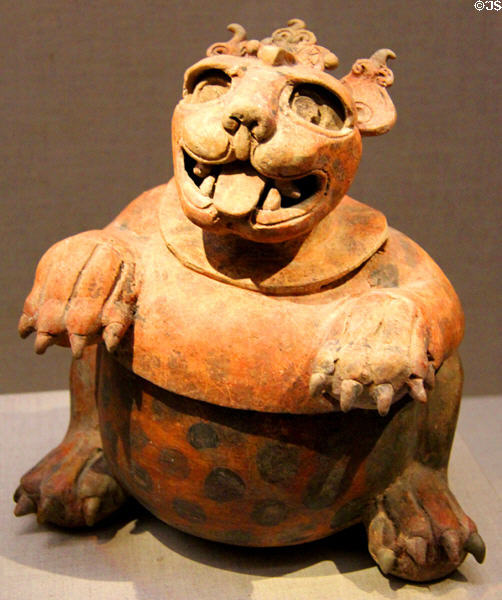 Maya lidded jaguar vessel (300-500) from Mexico at de Young Museum. San Francisco, CA.