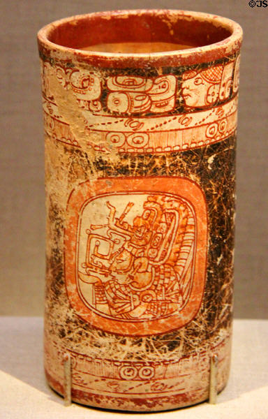 Maya earthenware vase with figures in headdresses (8thC) from Mexico at de Young Museum. San Francisco, CA.
