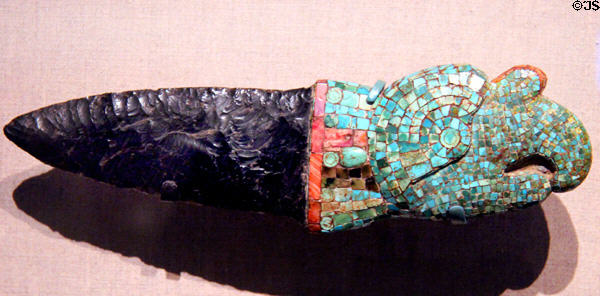 Mixtec obsidian & turquoise knife (c1200-1500) from Mexico at de Young Museum. San Francisco, CA.