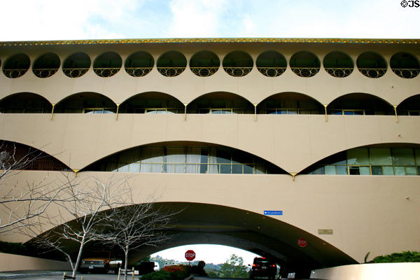Marin County Civic Center building arches over roadway. Marin, CA.