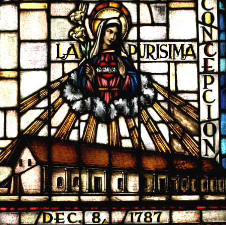 Stained glass detail of La Purisima Concepcion de Maria Santisima Mission. CA.