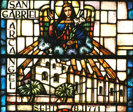 Stained glass detail of San Gabriel Archangel Mission. CA.