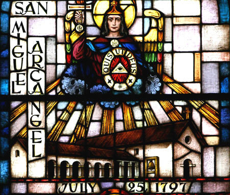 Stained glass detail of San Miguel Archangel Mission. CA.