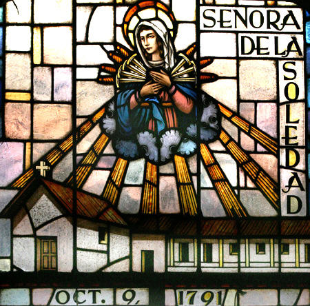 Stained glass detail of Nuestra Señora de la Soledad Mission. CA.