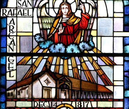 Stained glass detail of San Rafael Arcangel Mission. CA.