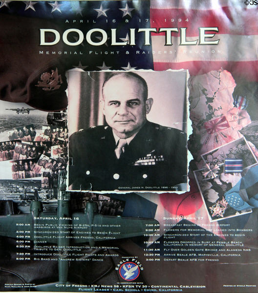 Poster (1994) celebrates Lt. Col. Jimmy Doolittle at Alameda Naval Air Museum. Alameda, CA.