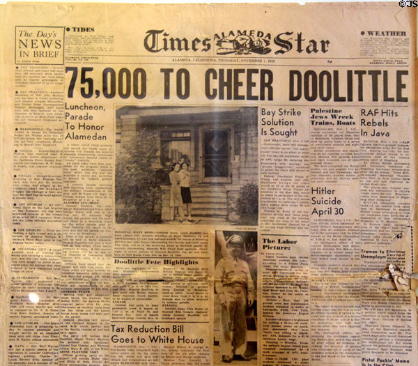 Alameda Times Start newspaper (Nov. 1, 1945) features homecoming of Jimmy Doolittle to his home town at Alameda Naval Air Museum. Alameda, CA.