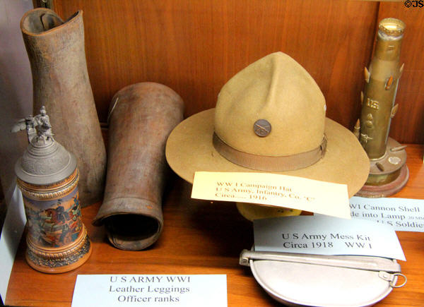 World War I artifacts (U.S. Army leggings & infantry hat, German bier stein) at Alameda Naval Air Museum. Alameda, CA.