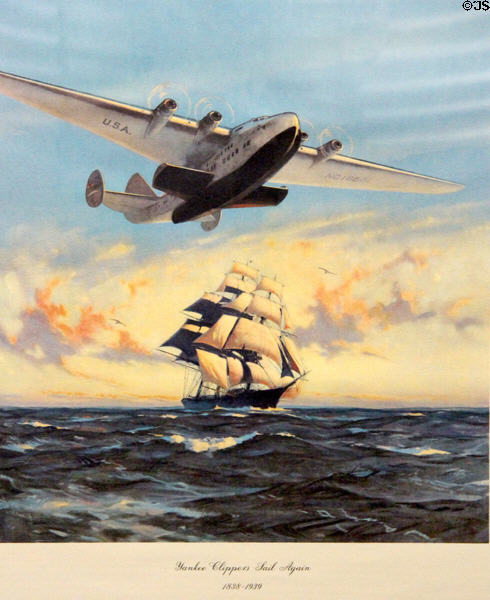 Graphic (1939) of Pan Am Clipper over a clipper ship at Alameda Naval Air Museum. Alameda, CA.