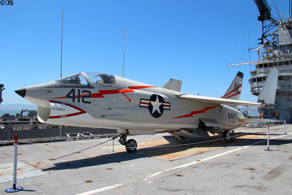 Chance Vought F-8 Crusader "The Last Gunfighter" Supersonic Fighter (1957-76) on USS Hornet CV-12. Alameda, CA.