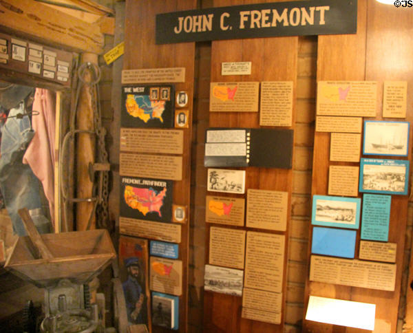 Display about John C. Fremont American explorer & resident of Mariposa at Mariposa Museum. Mariposa, CA.