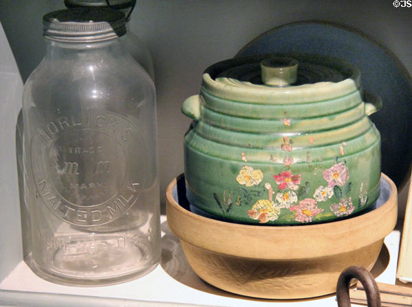 Malted milk glass bottle & other ceramic containers at Mariposa Museum. Mariposa, CA.