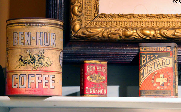 Ben-Hur coffee & cinnamon & Schillings mustard tins at Mariposa Museum. Mariposa, CA.