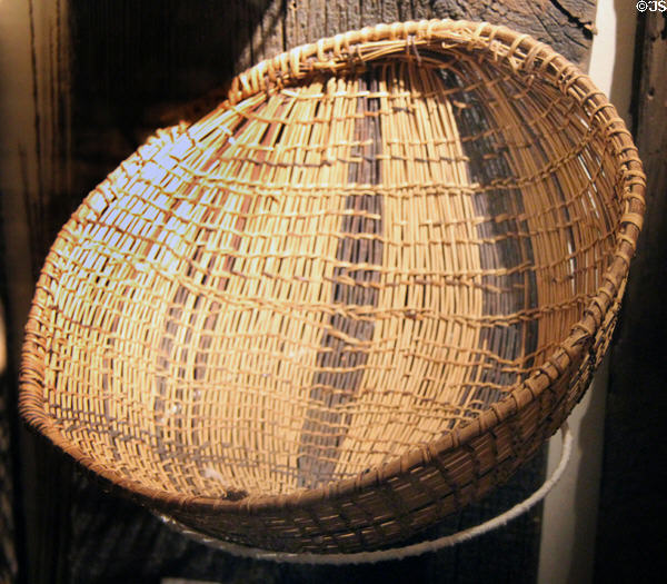 Miwuk Indian gathering basket, twined redbud design at Mariposa Museum. Mariposa, CA.