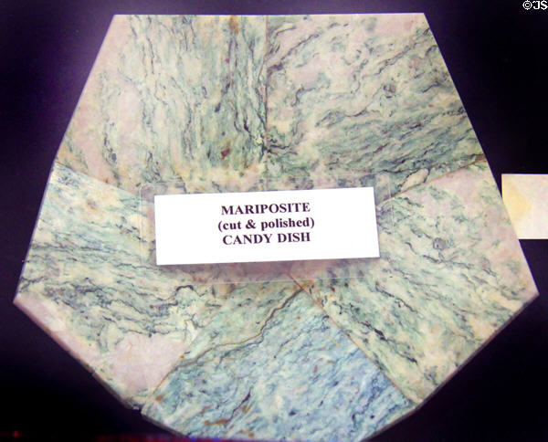 Mariposite rock candy dish made from common mineral of region at Northern Mariposa County Museum. Coulterville, CA.
