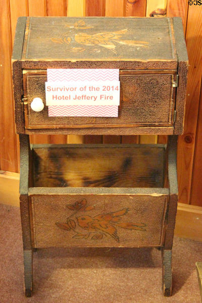 Wooden stand which survived 2014 Hotel Jeffery fire at Northern Mariposa County Museum. Coulterville, CA.