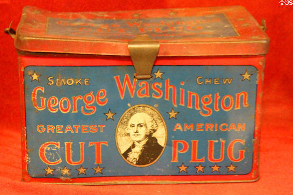 George Washington brand cut plug chewing & smoking tobacco tin at Northern Mariposa County Museum. Coulterville, CA.