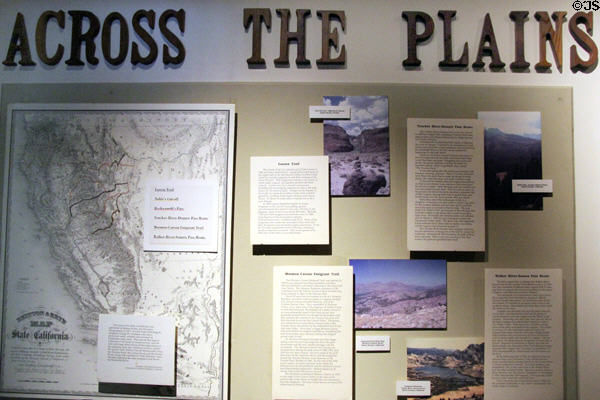 Display about trails used by settlers to cross the Sierras at Tuolumne County Museum. Sonora, CA.