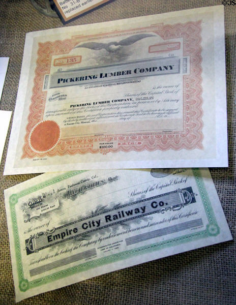 Stock certificates issued by Empire City Railway Co. & Pickering Lumber Co. at Tuolumne County Museum. Sonora, CA.