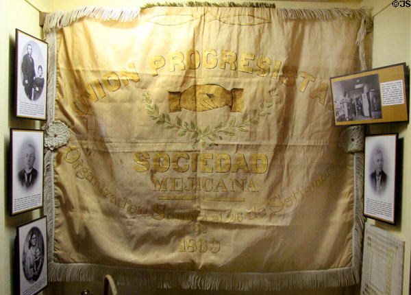 Ornate cloth banner of the Sociedad Mejicana of Sonora (1869) at Tuolumne County Museum. Sonora, CA.