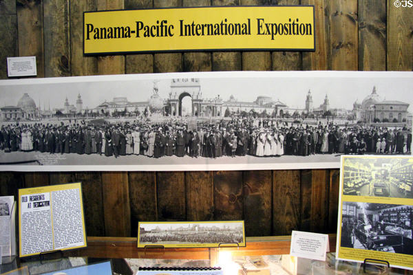 Panorama photo (1915) of Tuolumne County residents at Panama-Pacific International Exposition at Tuolumne County Museum. Sonora, CA.
