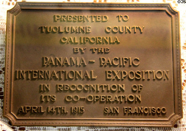Plaque presented to Tuolumne County by the Panama-Pacific Exposition (1915) at Tuolumne County Museum. Sonora, CA.