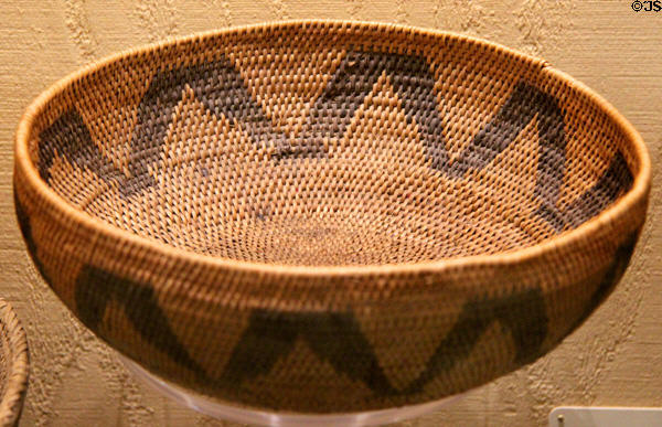 Central Me-Wuk one stick overlapping style basket with flying geese design (c1900-20) at Tuolumne County Museum. Sonora, CA.