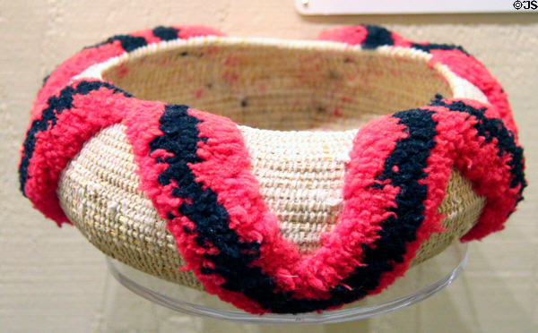 Southern Me-wuk gift basket decorated with yarn and woven with string over grass bundle foundation (c1910-40) at Tuolumne County Museum. Sonora, CA.