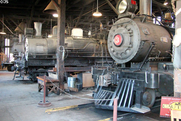 Sierra Railway steam locomotives in roundhouse at Railtown 1897 State Historic Park. Jamestown, CA.
