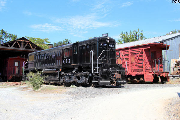 Sierra Railway switching locomotive 613 & rail car at Railtown 1897 State Historic Park. Jamestown, CA.