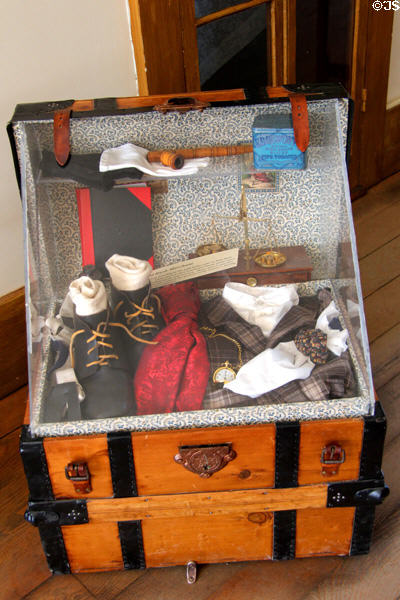 Traveling trunk with display of typical contents in Quartz Mountain Stage Line office at Columbia State Historic Park. Columbia, CA.