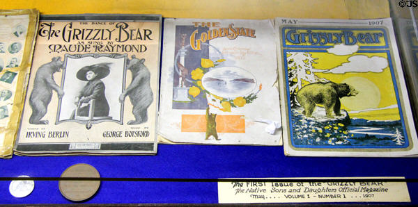 The first issue of Grizzly Bear published by Native Sons & Daughters of the Golden West & The Dance of the Grizzly Bear sheet music by Irving Berlin & George Botsford in Native Sons of the Golden West Exhibit at Columbia State Historic Park. Columbia, CA.