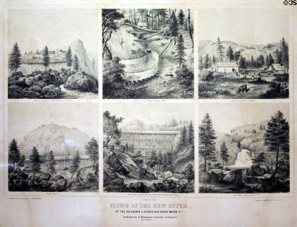 "Views of the New Ditch" a major engineering feat which supplied water to the county, poster by F. Holtzmann of Columbia, Tuolumne Co. in Columbia Museum at Columbia State Historic Park. Columbia, CA.