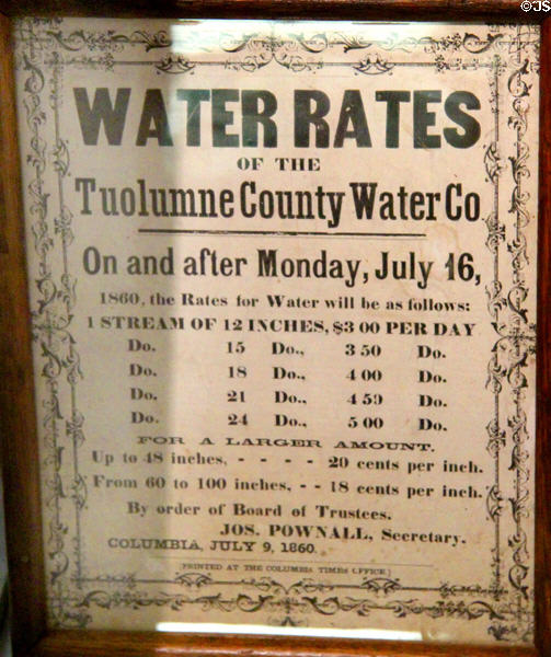 Graphic of Tuolumne County water rates (1860) for water usage essential to mining in Columbia Museum at Columbia State Historic Park. Columbia, CA.