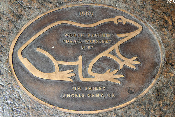 Jumping Frog sidewalk plaque celebrating winner "Dan'l Webster" (1865) owned by fictional Jim Smiley of Mark Twain's story. Angels Camp, CA.