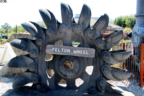 Pelton wheel impulse type water turbine used for power generation at Angels Camp Museum. Angels Camp, CA.